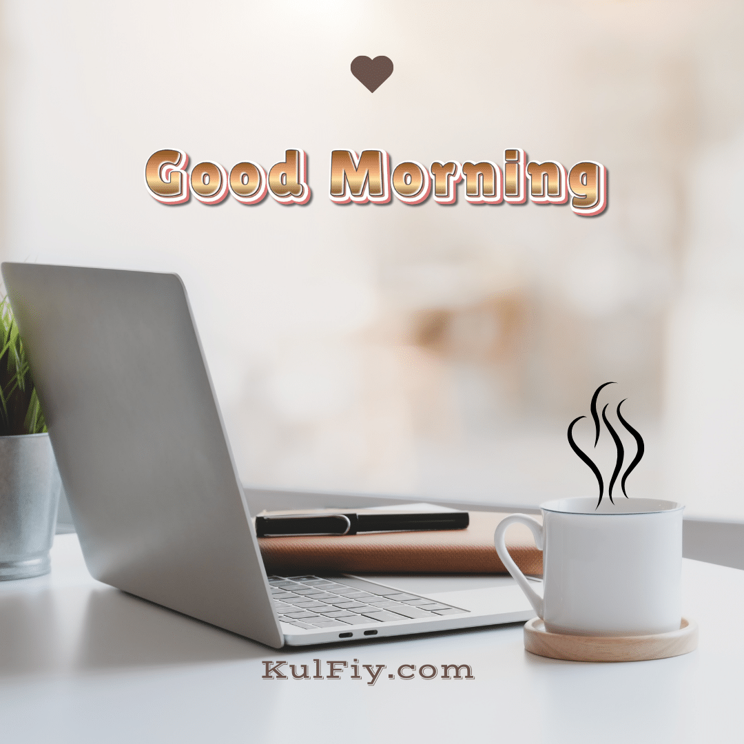 Laptop tea cup good morning image